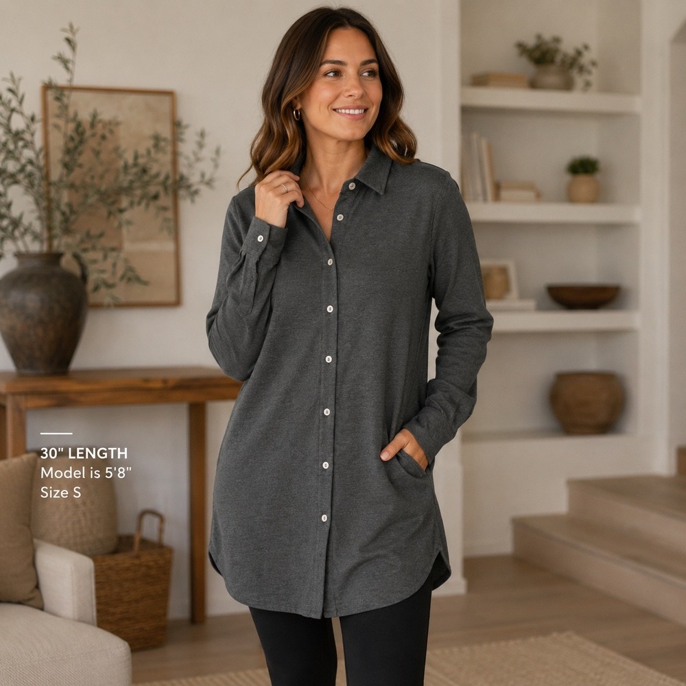 Soft Surroundings Grey Modal Spandex Long Sleeve Tunic Shirt Pockets Large 2CG14